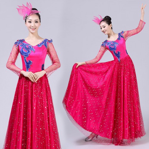 Flamenco dresses for women red gold fuchsia female opening chorus singers Spanish folk performance dresses
